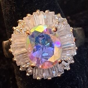 Elegant Silvertone Multicolor Aurora Borealis Gemstone Ring Size 8